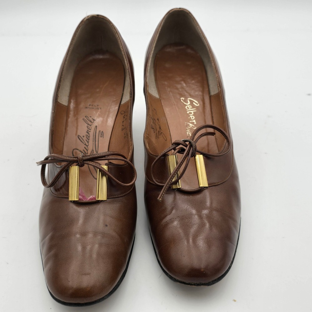 Vintage Julianelli Selber Brown Leather Heeled Pumps‎ Bow Detail Size 8.5 Narrow